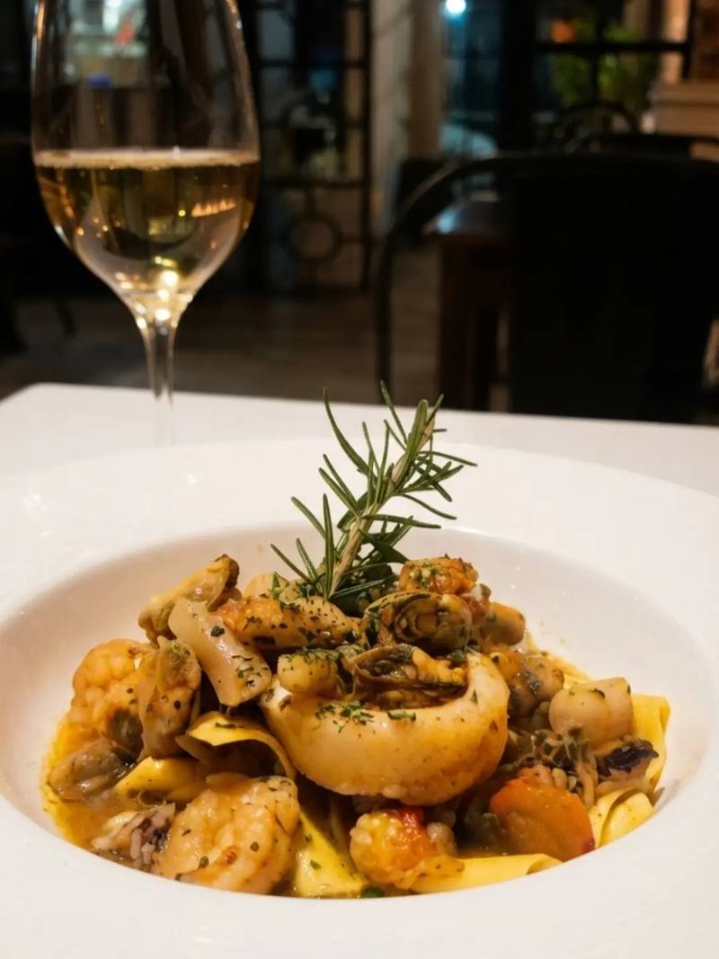Plato hondo de pasta con frutos de mar, rabas y una rama de romero, con una copa de vino blanco
